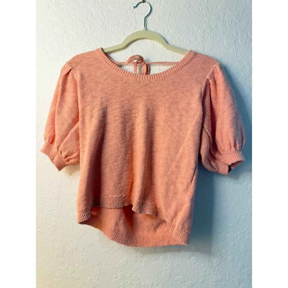 LOFT Outlet Peach Pink Puff Sleeve Open Back Tie Knit Sweater Top Size S